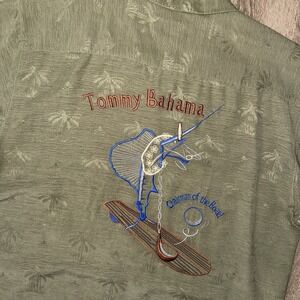 Tommy Bahama 100% Silk Embroidered Chairman Of The Board Mens XL Button Up Green